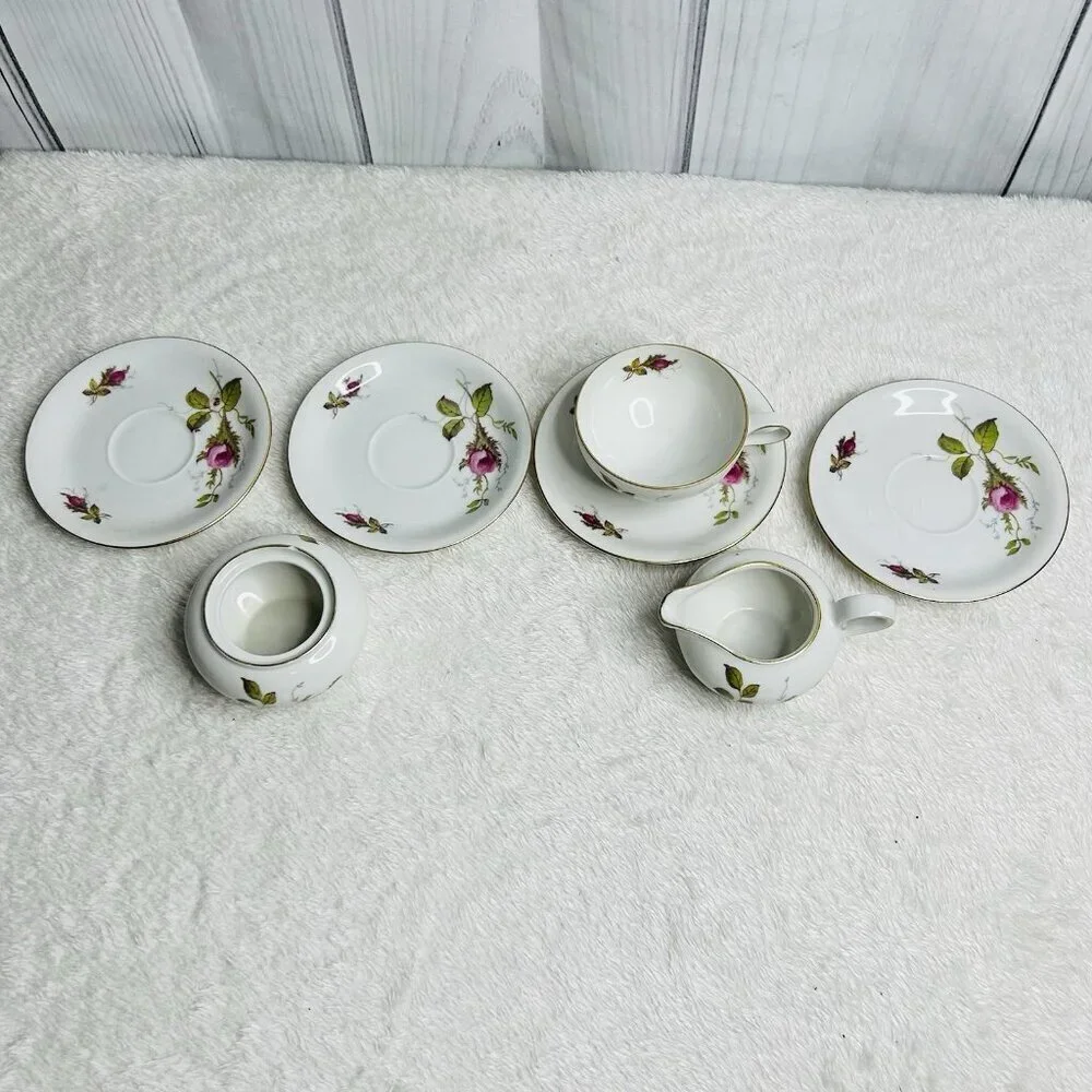 Eschenbach Bavaria Germany Moss Rose Demitasse Teacup Saucers Cream and Sugar